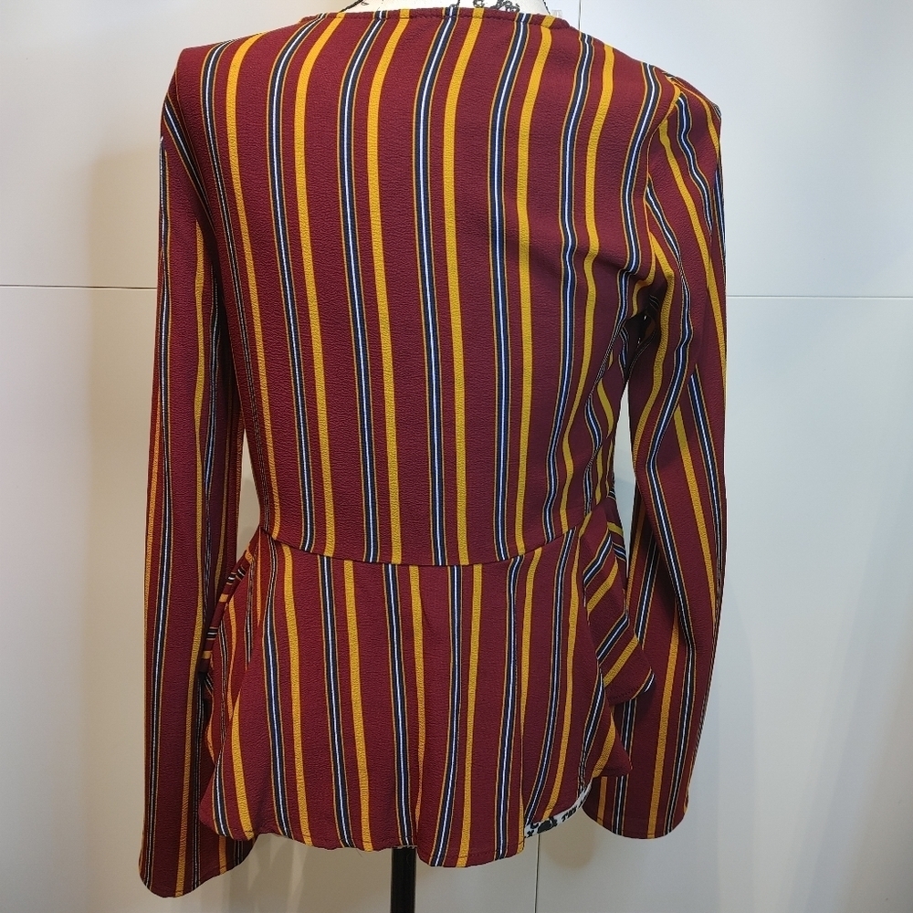 Boutique Deep V Tie Front Peplum Blouse Bell Sleeve Striped Top Medium NWT - Picture 5 of 6